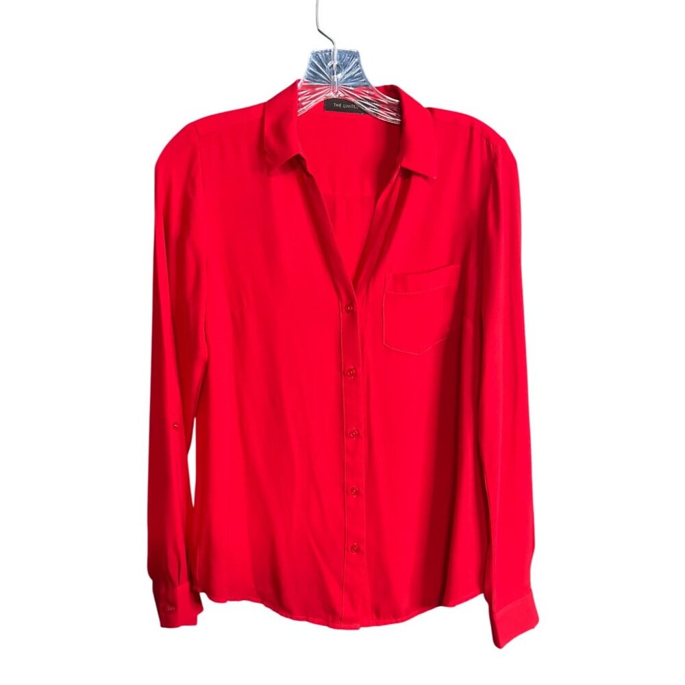 The Limited XS Womens Red Button-Up Blouse Roll-Tab Sleeves